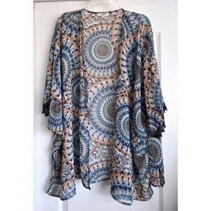Umgee USA Blue Orange Mandala Print Crochet Dolman Sleeve Kimono Wrap Sz M/L